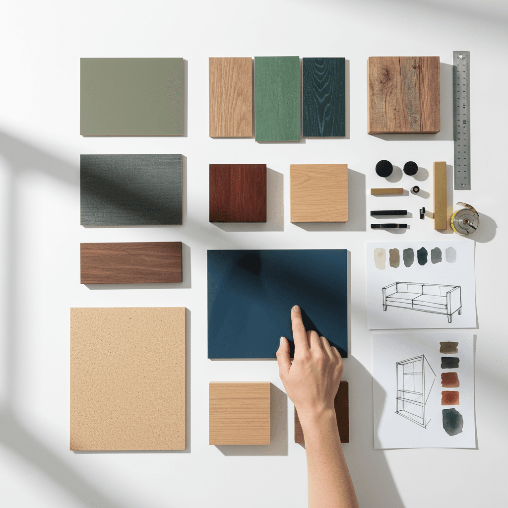 Overhead view of custom furniture material samples, laminate swatches, and designer's hand selecting finishes on workspace