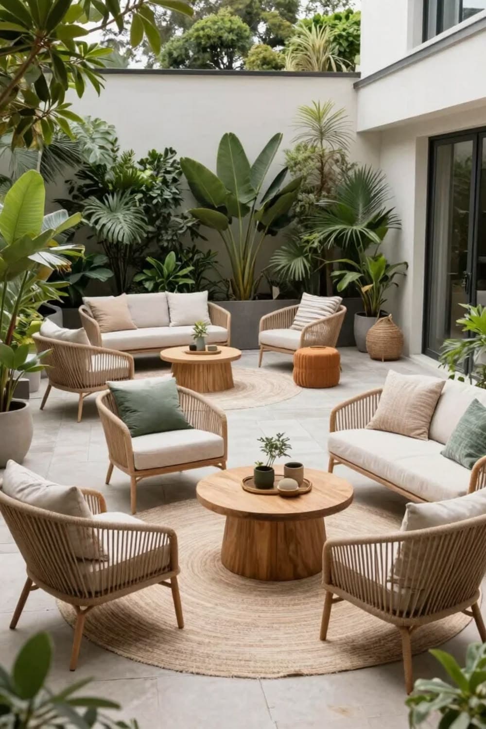 Pátio externo com móveis de vime, plantas tropicais, mesas de madeira e tapetes redondos.