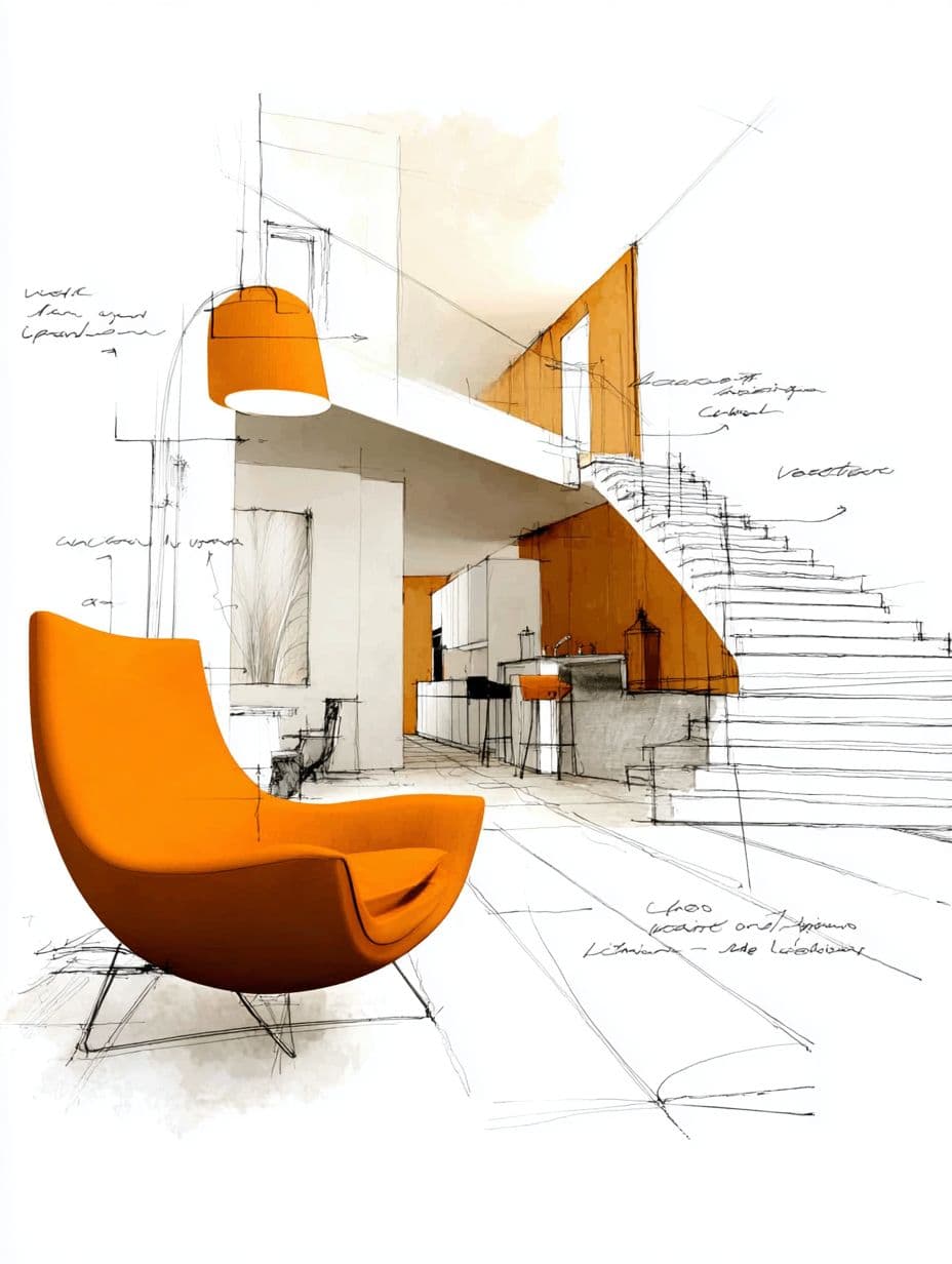 Esboço arquitetônico de interior moderno com poltrona laranja vibrante, luminária pendente e escada detalhada.