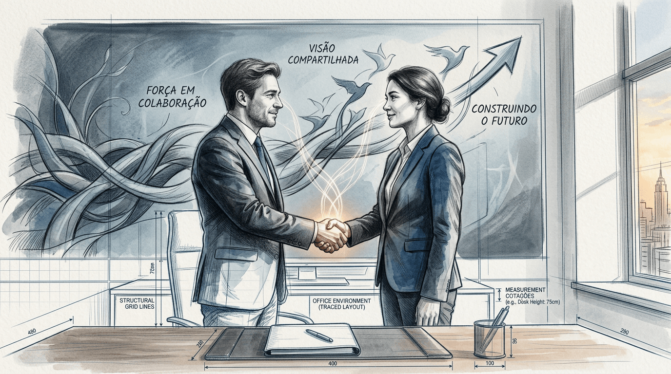 Executivos apertando as mãos em escritório com esboços de pássaros, flecha e mensagens motivacionais.